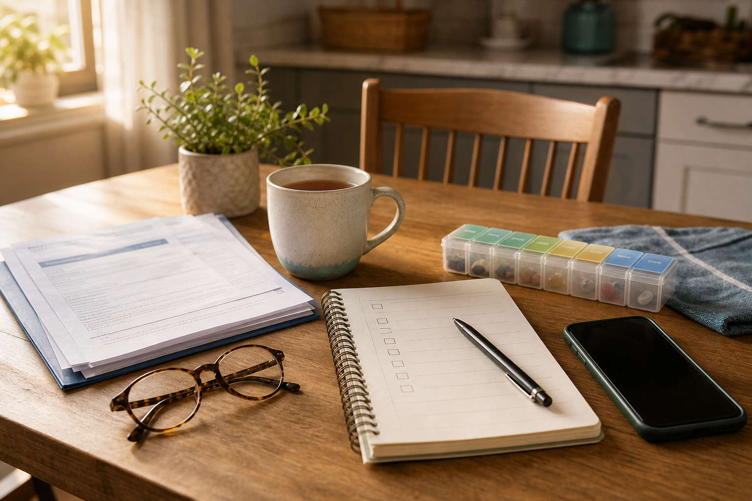 Discharge papers and a checklist notebook on a kitchen table