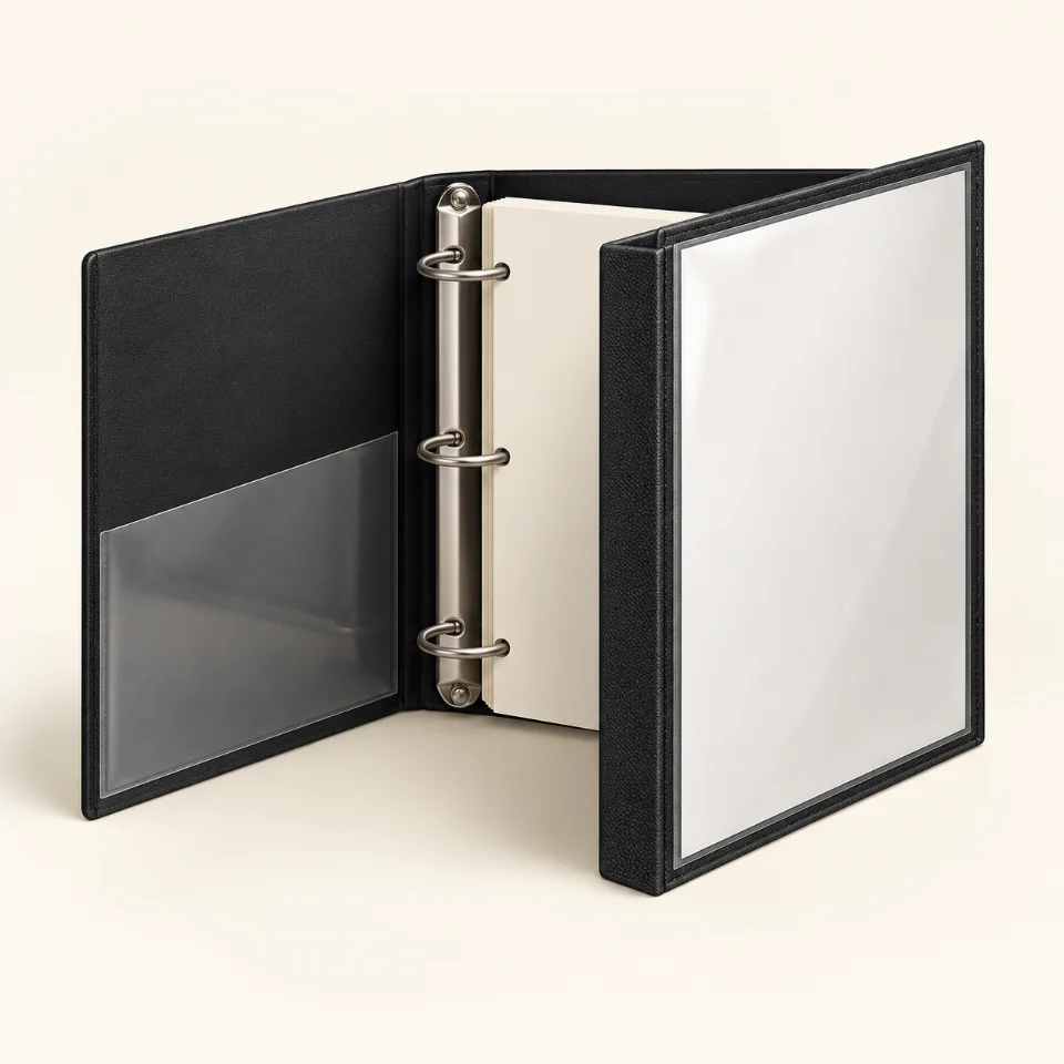 Original illustration of a partially open black Avery 17011 view binder with three metal rings, blank paper and a clear inside pocket.
