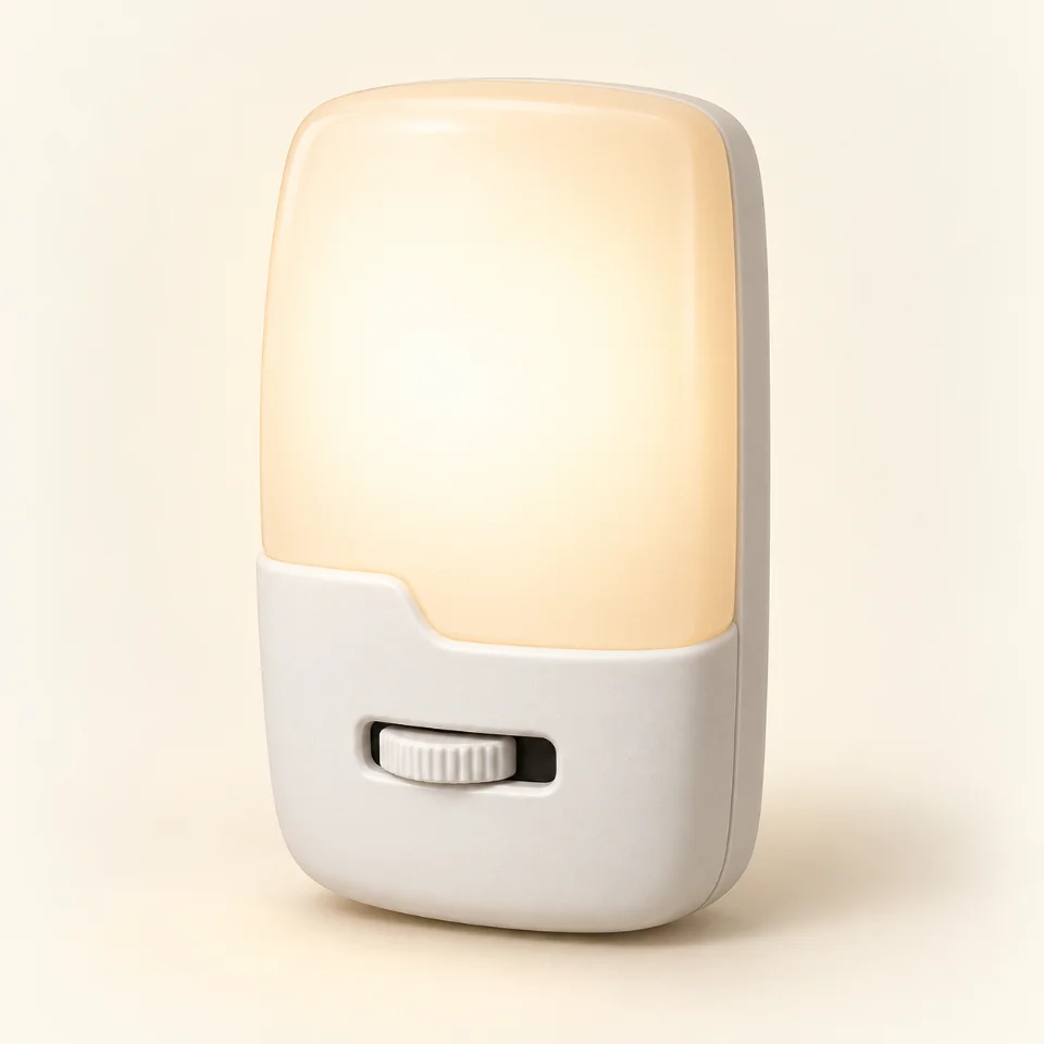 Original illustration of the white GE UltraBrite 45125 night-light with a glowing diffuser and recessed dimmer control.