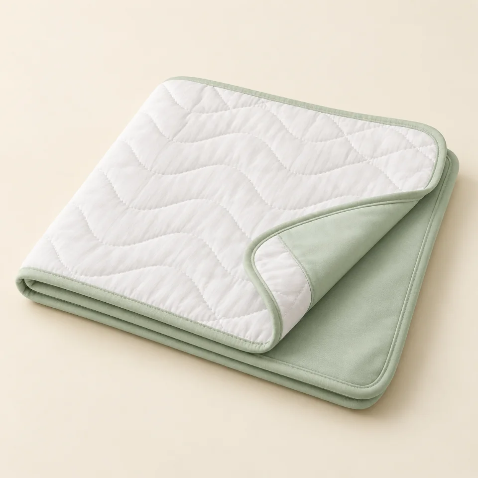Original illustration of one folded bed pad with a white quilted top and pale green waterproof backing.