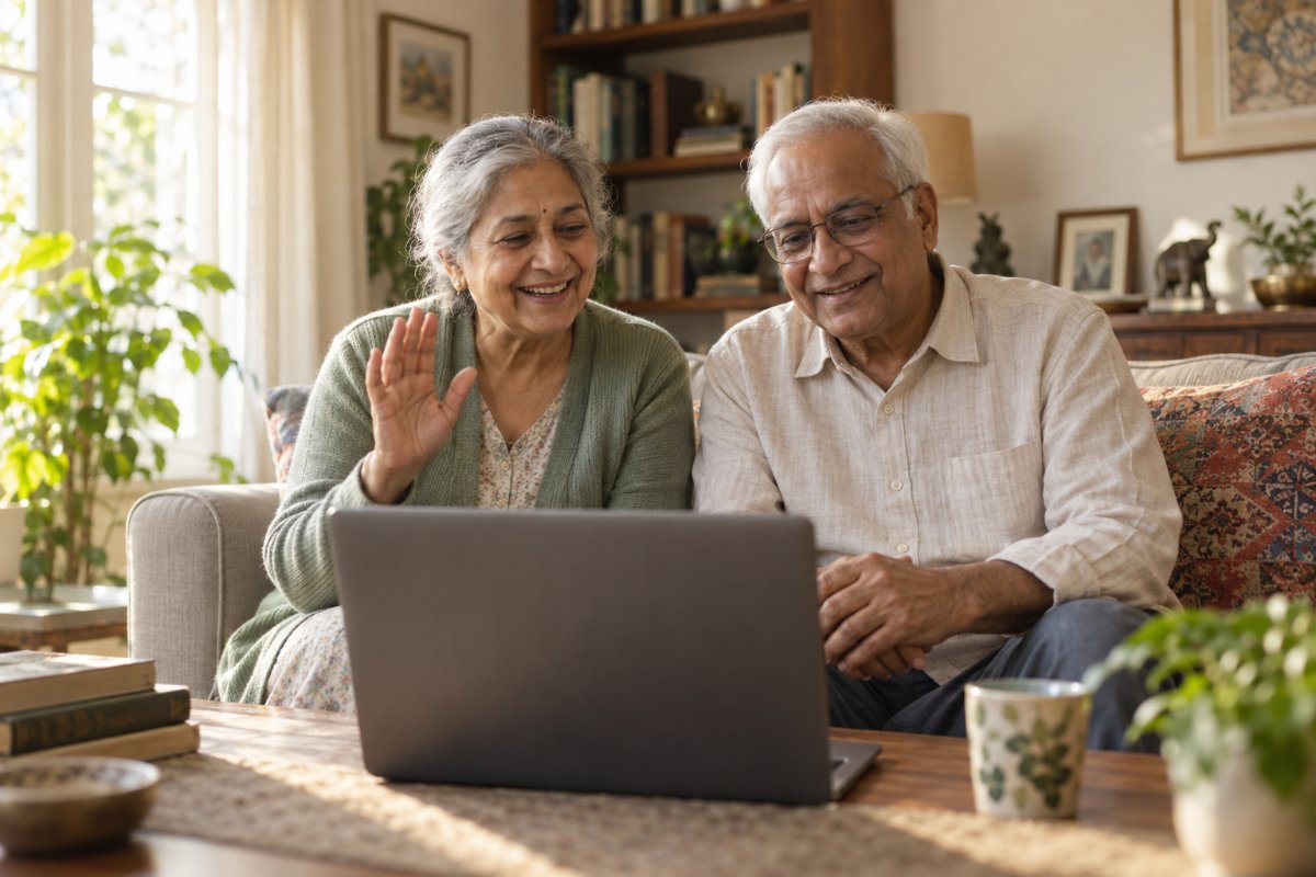 An older couple staying connected with family
