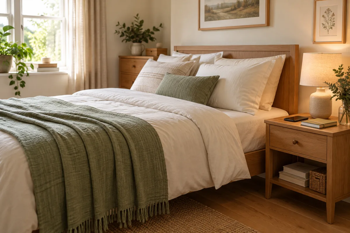 A warmly lit bedroom with a bedside lamp, phone, and notebook.
