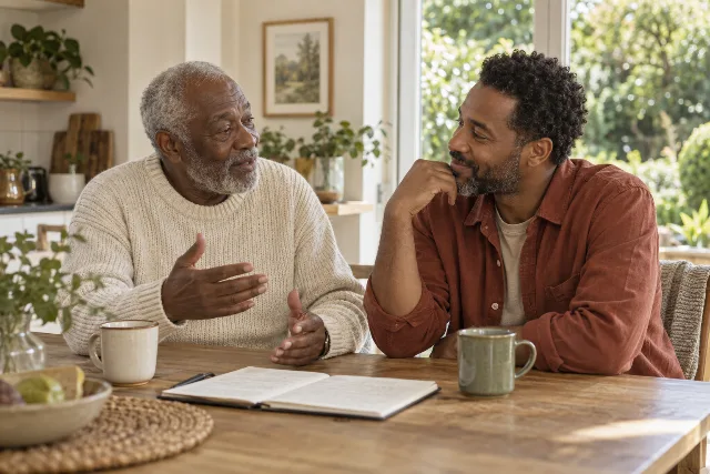 Two generations sitting together at a sunny table with a notebook