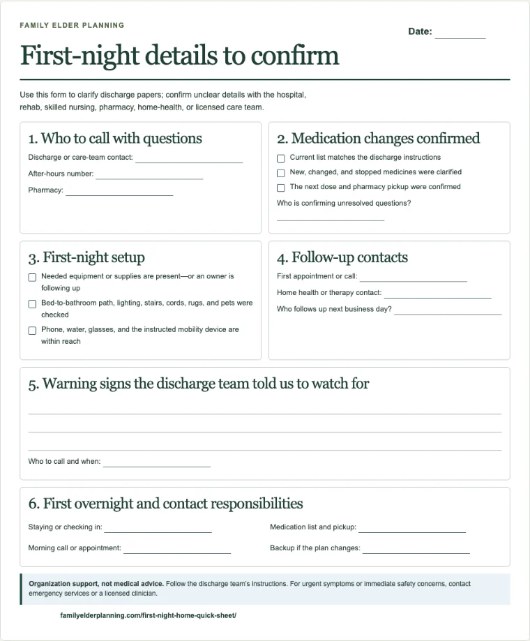 Actual First Night Home Quick Sheet with spaces for contacts, instructions, setup, and family responsibilities